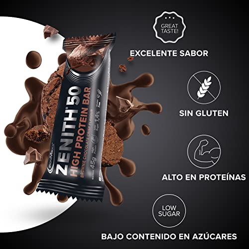 IronMaxx Zenith 50 Barrita proteica - brownie chocolate crisp 16 x 45g |barrita proteica con 50% de proteínas | bajo en carbohidratos, bajo en azúcar con aminoácidos importantes