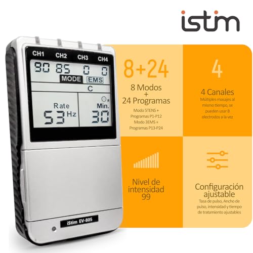 iSTIM Unidad de máquina combinada EV-805 TENS EMS de 4 canales: estimulador muscular + alivio y control del dolor de espalda. Incluye 16 almohadillas para electrodos TENS/EMS.