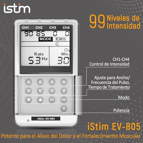 iSTIM Unidad de máquina combinada EV-805 TENS EMS de 4 canales: estimulador muscular + alivio y control del dolor de espalda. Incluye 16 almohadillas para electrodos TENS/EMS.