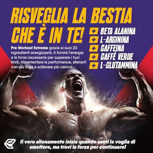 Italian Elite® Pre Workout Extreme, estimula la fuerza, la energía, la resistencia, la bomba muscular y el enfoque mental para el entrenamiento. 120 comprimidos con Beta Alanina Arginina Cafeína