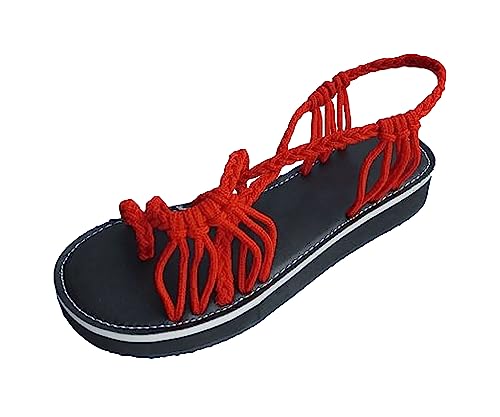 Ivedin | Sandalias de Mujer Verano | Sujeción con Cuerda de Nylon | Diseño Gladiador | Zapatillas con Trenzas Cruzadas Romanas (Rojo, 39 EU)