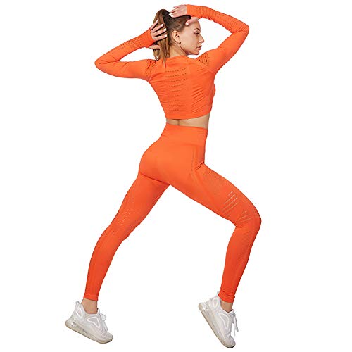 Jamron Mujer Conjunto de Ropa de Yoga Top Corto + Polainas 2 Piezas Chandal Gimnasio Fitness Ropa Deportiva Naranja SN05405 S