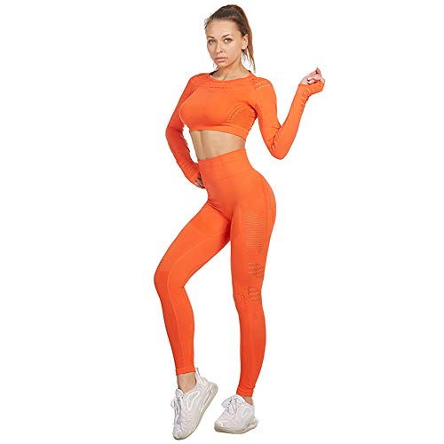 Jamron Mujer Conjunto de Ropa de Yoga Top Corto + Polainas 2 Piezas Chandal Gimnasio Fitness Ropa Deportiva Naranja SN05405 S