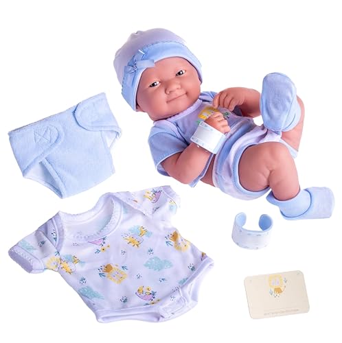 JC TOYS- Muñeco La Newborn recién Nacido de 38 cm, de Vinilo Suave, Incluye Ropa y 8 Accesorios, Azul, diseñado en España por Berenguer, 2 años