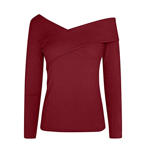 Jersey para mujer ajustado, color sólido, cruzado, cuello en V, hombros descubiertos, manga larga, camiseta superior, rojo, XL