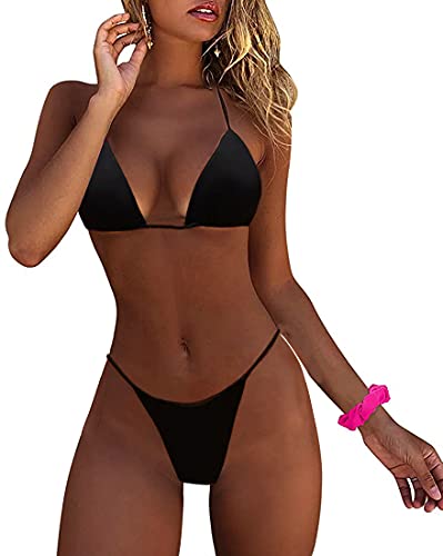 JFAN Bikinis para Mujer Push Up Trajes de Baño de Dos Piezas Triangular Acolchados Tops Brasileños Bañador con Relleno Negro,S