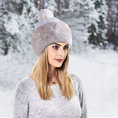 JFAN Gorro de Invierno para Mujer Gorra Ruso con Forro Pompom Sombrero para Polar, Gris Blanco Talla única