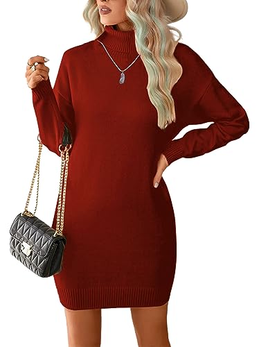 JFAN Vestido de Punto para Mujer on Cuello Alto Vestidos de Jersey Elegantes de Invierno Midi Vestidos Casual para Mujer Rojo Ladrillo S