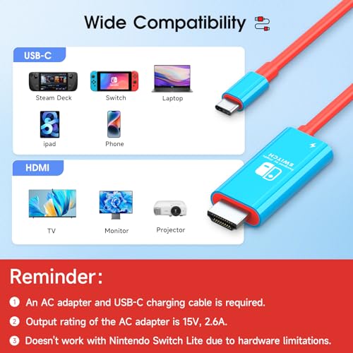 JINGDU Ultraportátil USB Tipo C a HDMI TV Cable Adaptador para Switch/OLED,Cable de conversión HDMI 4K de 2m,Admite TV/cubierta de vapor/ordenador portátil/PC, Rojo y Azul