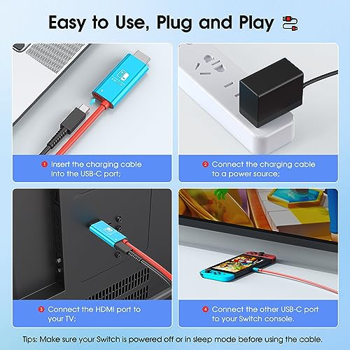 JINGDU Ultraportátil USB Tipo C a HDMI TV Cable Adaptador para Switch/OLED,Cable de conversión HDMI 4K de 2m,Admite TV/cubierta de vapor/ordenador portátil/PC, Rojo y Azul
