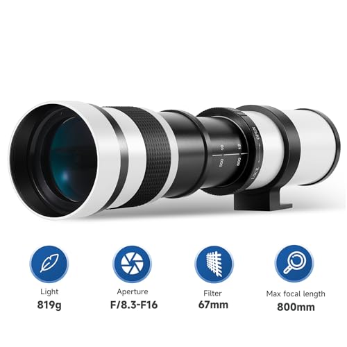 JINTU 420-800mm Teleobjetivo Cámara Zoom Lentes F/8.3-16 Manual MF para Canon Nikon DSLR Cámaras Digitales, Aleación de Aluminio