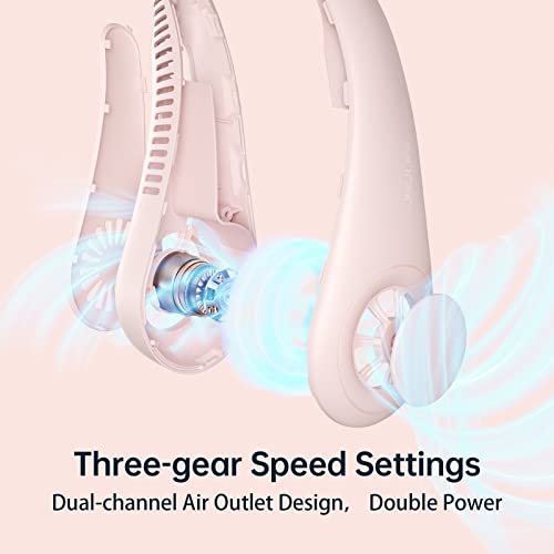 JISULIFE Ventilador de Cuello Portátil, 4000 mAh Ventilador Cuello USB Recargable con, Ventilador de Cuello Colgante Sin Hojas con 3 Velocidades-Rosa