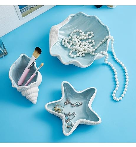 Jognee Cuenco decorativo de concha para joyas y decoración, bandeja de cerámica con estrellas de mar, collar pendientes, bandeja de joyería, organizador para decoración del hogar, regalo de boda