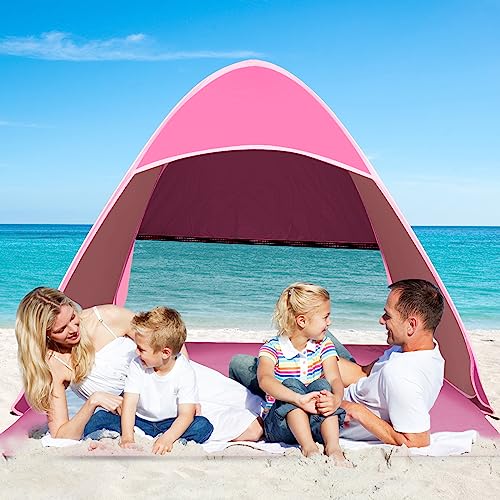 JOPHEK Tienda de Playa, Pop Up Automático Carpa Playa - UPF 50+Tienda Playa Portátil para 2-3 Personas, para Camping, Playas, Parques (Rosa)
