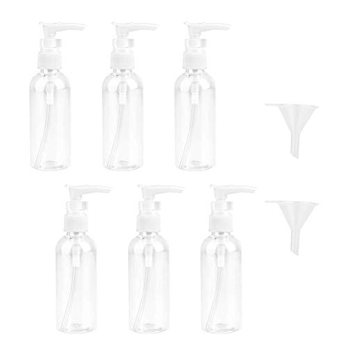 JOYISEN 6 Botellas de Viaje Transparentes de 100 ml/3.4 oz Bomba de Plástico Botella de Viaje Dispensador de Loción Botellas Vacías de Viaje con 2 Embudos Pequeños