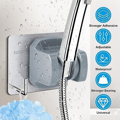 Joyoldelf Universal Soportes de alcachofa de ducha con Ganchos, Cromado Rotación de 360°, sin perforación, Acero Inoxidable, Impermeable soporte para ducha, adaptarse a cualquier cuarto de baño.