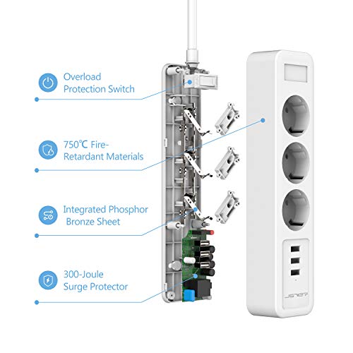 JSVER Regleta Enchufes con USB, Proteccion Sobretension con 3 USB Smart Station de Carga (5V2,4A) 3 Tomas y Interruptor con Cable 2m para Viajes en Casa-Blanco