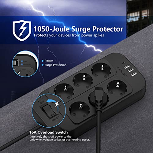 JSVER Regleta Enchufes USB, Proteccion Sobretension con 6 Toma de Corriente y 4 USB Puertos(5V3,4A) Estación de Carga Inteligente, Alargadora con Cable 2m-Negro
