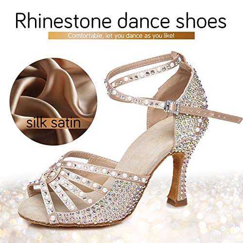 JUODVMP Zapatos de Baile Latino para Mujer Rhinestones Desnudo Estándar Salsa de Salón Tango Moderno Profesional 7.5cm Tacón, Modelo YCL430,38EU