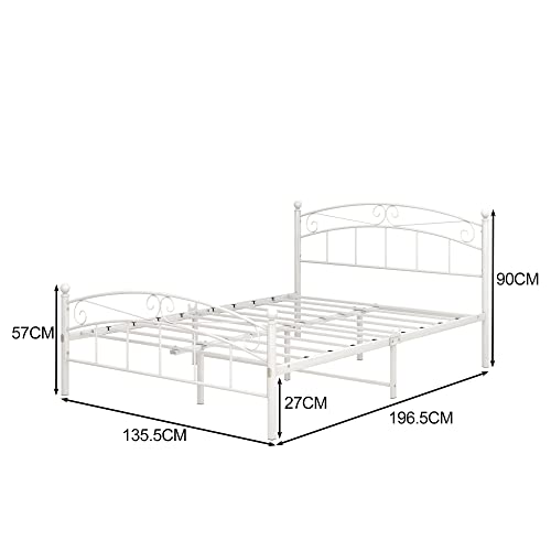 JURMERRY Marco de cama doble con cabecera de metal y estribo de estilo moderno, plataforma de cama de acero, listones resistentes, base de cama, reemplazo de somier, color blanco
