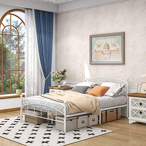 JURMERRY Marco de cama doble con cabecera de metal y estribo de estilo moderno, plataforma de cama de acero, listones resistentes, base de cama, reemplazo de somier, color blanco