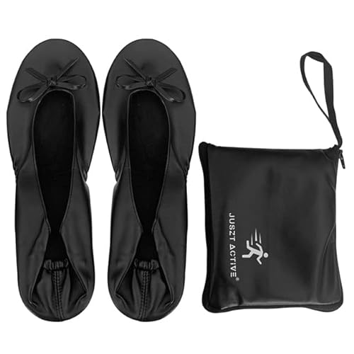 Juszt Active Zapatos de ballet plegables para mujer, zapatos enrollables portátiles para después de la fiesta, zapatos planos con lentejuelaslisos con bolsa de transporte plegable a juego, Black