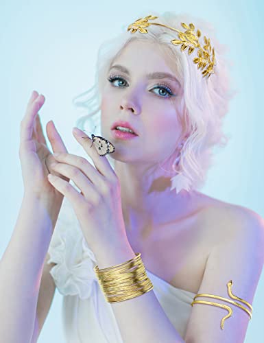 Kakonia Juego de accesorios para disfraz de diosa griega para mujer, corona de hoja de laurel dorada, diadema de serpiente pulsera de bobina, aretes colgantes dorados