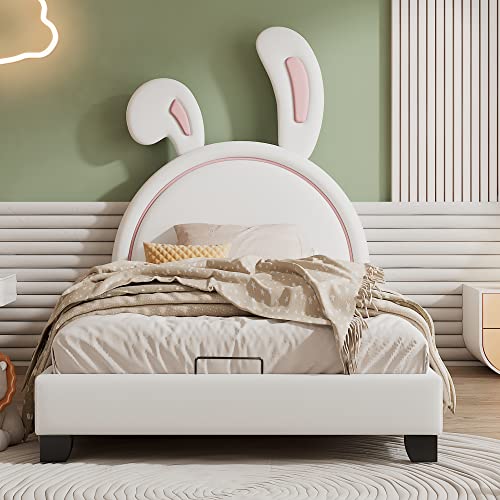 KecDuey Cama acolchada de 90 x 200 cm, cuna con somier y respaldo, cama para niñas en forma de orejas de conejo con pies elevados, color blanco (colchón no incluido) (blanco)