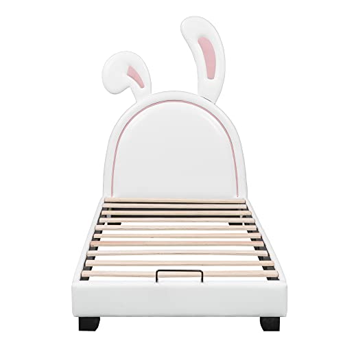 KecDuey Cama acolchada de 90 x 200 cm, cuna con somier y respaldo, cama para niñas en forma de orejas de conejo con pies elevados, color blanco (colchón no incluido) (blanco)