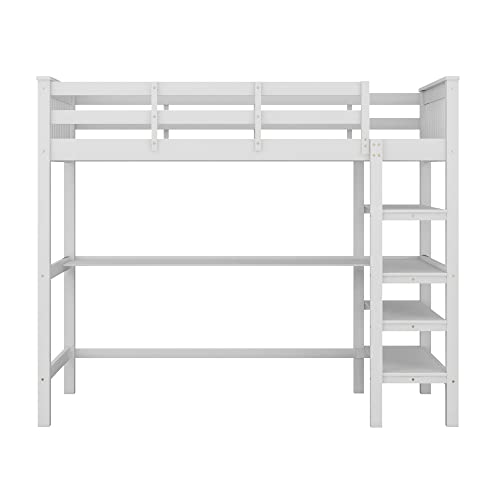KecDuey Cama alta con somier de láminas de madera, con escaleras, estantes y escritorio bajo la cama (blanco, 90 x 200 cm)