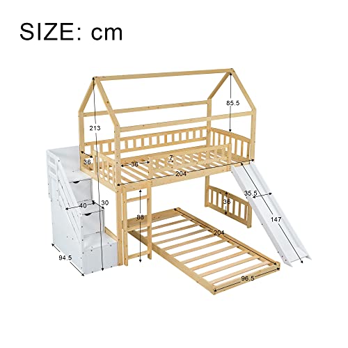 KecDuey Cama infantil de 200x90cm,litera con espacio de almacenamiento,pasamanos y escalera de ángulo recto,cama con tobogán, con protección contra caídas y rejilla, marco de madera, Blanco