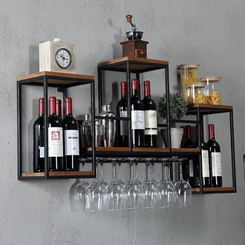 KEESUNG Botellero de metal + madera para comedor, restaurante, bar, estante para botellas de pared, soporte para botellas de vino de metal, soporte para botellas de vino multifunción para bar,
