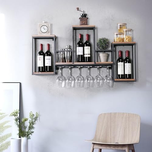 KEESUNG Botellero de metal + madera para comedor, restaurante, bar, estante para botellas de pared, soporte para botellas de vino de metal, soporte para botellas de vino multifunción para bar,