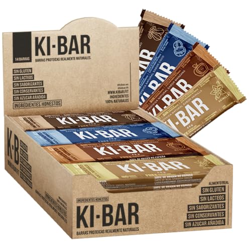 KI-BAR | Multisabor | Barra proteica natural, sin azúcar, sin conservantes, sin "porquerías" | Tan solo cuatro (4) ingredientes honestos y 100% Naturales | 14 barritas energéticas de 40g