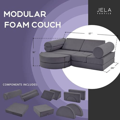Kids Couch Sofá de lujo de 14 piezas, muebles modulares para adultos, juego de casa de juegos para niños pequeños, sofá modular de espuma, sofá modular, beige arena, 144,8 x 71,1 x 45,7 cm (gris)