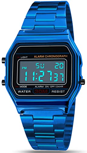 kieyeeno Reloj de pulsera digital de cuarzo, 30 m, impermeable, digital, esfera LCD, reloj para hombre, con correa de resina, multifunción, retroiluminación, LED, calendario de alarma, azul, pulsera