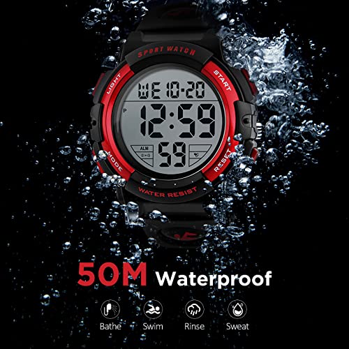 kieyeeno Relojes Deportivo Digital para Hombre Mujer, 50M Impermeable Reloj de Pulsera Esfera Grande con LED Cronómetro de Cuenta Regresiva 12/24H Rojo