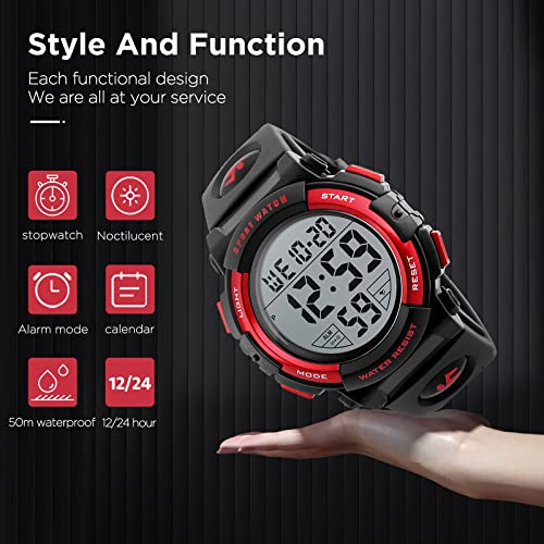 kieyeeno Relojes Deportivo Digital para Hombre Mujer, 50M Impermeable Reloj de Pulsera Esfera Grande con LED Cronómetro de Cuenta Regresiva 12/24H Rojo