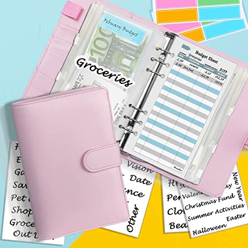 Kit de planificador presupuestario A6, organizador de dinero, cuaderno de piel con sobres de dinero, minas de presupuesto, pegatinas y etiqueta a juego, 7,4 x 5,71" (Harphia, NPNB-140F-A6 rosa)