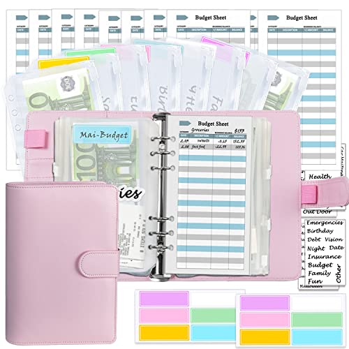 Kit de planificador presupuestario A6, organizador de dinero, cuaderno de piel con sobres de dinero, minas de presupuesto, pegatinas y etiqueta a juego, 7,4 x 5,71" (Harphia, NPNB-140F-A6 rosa)