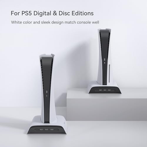 KIWIHOME Soporte de Refrigeración Vertical para PS5, Diseño de Carga de Controlador Actualizado con 2 Adaptadores Magnéticos USB C para una Mejor Carga, Compatible con Disc/Digital PS5 y Ventilador