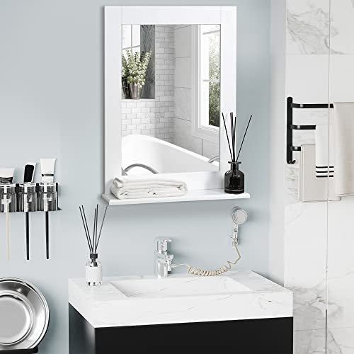 kleankin Espejo de Baño 50x11,5x60 cm Espejo de Pared Moderno con Estante de Almacenaje y Marco de Madera para Dormitorio Aseo Blanco