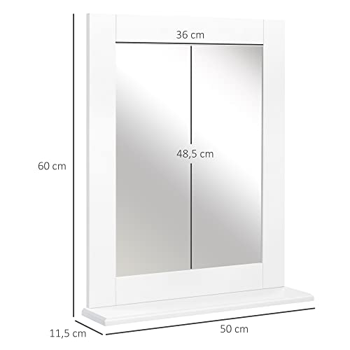 kleankin Espejo de Baño 50x11,5x60 cm Espejo de Pared Moderno con Estante de Almacenaje y Marco de Madera para Dormitorio Aseo Blanco
