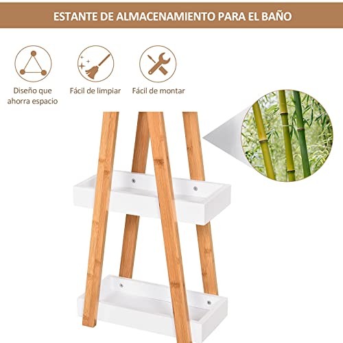 kleankin Estantería de Bambú para Baño con 3 Estantes de Almacenaje Mueble Organizador para Cocina Salón Lavadero 30x18x81 cm Natural y Blanco