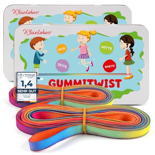 Kleintober Set de 2 Gomas elásticas para niños Premium I Twister I Juguete para Interior y Exterior I Banda arcoíris I con Instrucciones para Juegos I niños y niñas