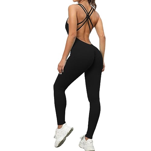 KOEMCY Mono para Mujer Descubierta Ropa Deportiva Jumpsuit Un Pieza sin Espalda Bodysuit para Yoga Gimnasio (Negro, XL)