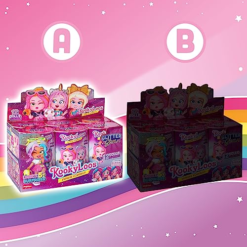 KOOKYLOOS Serie Glitter Glam – Caja con 6 muñecas coleccionables con Accesorios de Moda, Ropa, Zapatos y Juguetes, con 3 Expresiones Divertidas. Versión A