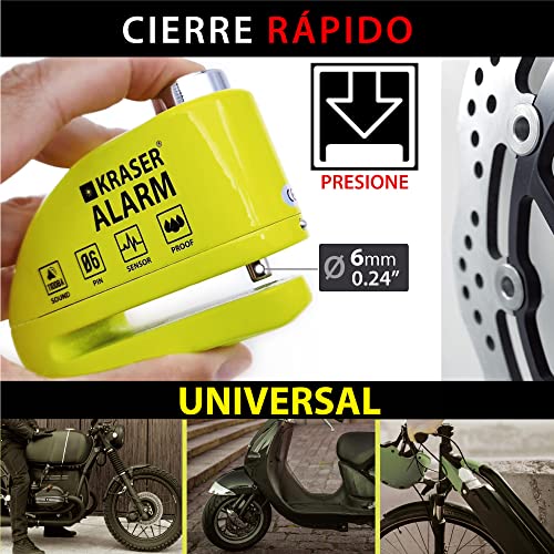 KRASER KR6Y Candado Moto Disco Alarma 110db Reforzado, Impermeable, Universal Motos Scooters Bicicletas, Cable Recordatorio, Mochila, Antirrobo Pinza Moto