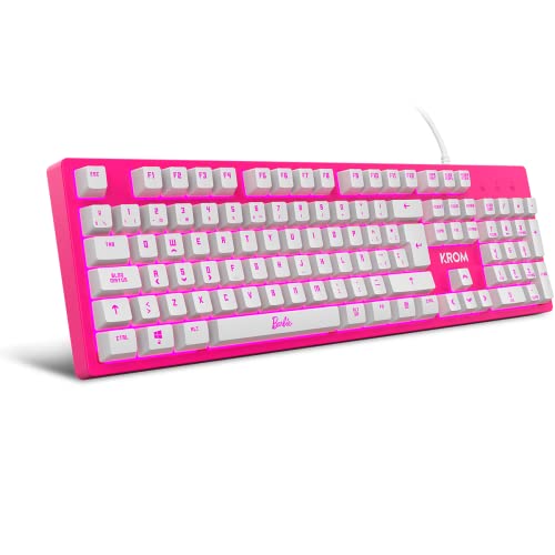 KROM Kit teclado, ratón y alfombrilla edición Barbie KANDY - Teclado membrana LED Blanco, Ratón con sensor óptico 6400 DPI, Alfombrilla de goma suave y resistente, layout español, color rosa