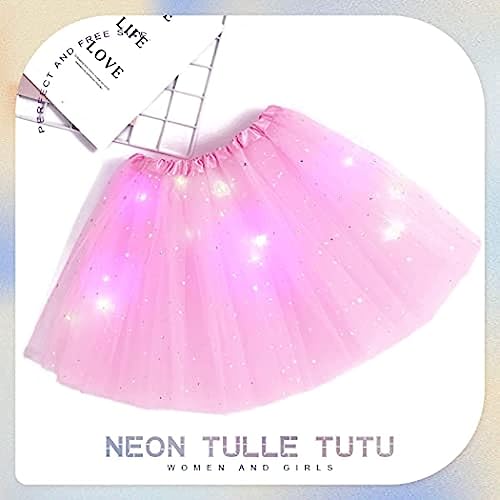Ksnnrsng Falda Tutú para Mujer Lentejuelas Estrella Faldas de Tul Mujer con Luz LED Vestido Ballet Vestido Corto de Baile Faldas para Fiesta Danza (Rosa)